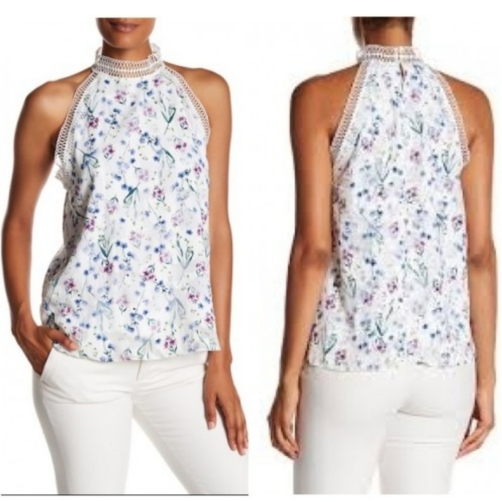 T Tahari Womens Donna Floral Print Embroidered Top